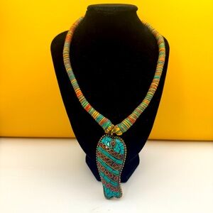 Vtg Ethnic Brass Mosaic Pendant Wrapped Cord Necklace 18 inch
